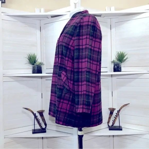 Vintage 90s Emily in Paris style dark magenta plaid pea coat sz XL - Picture 8 of 9